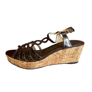 Tahari metallic bronze cork wedge sandals